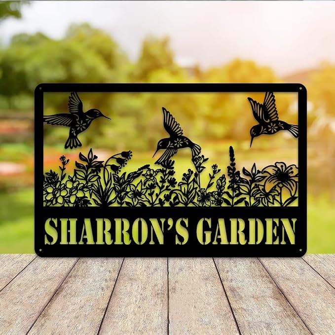 MeMate Hummingbird Garden Signs, Flowers Garden Signs to Personalize, Personalized Metal Signs Hummingbird, Customized Name Wall Art for Garden Outdoor Decor, Large Outdoor Plaque Sign for She Shed