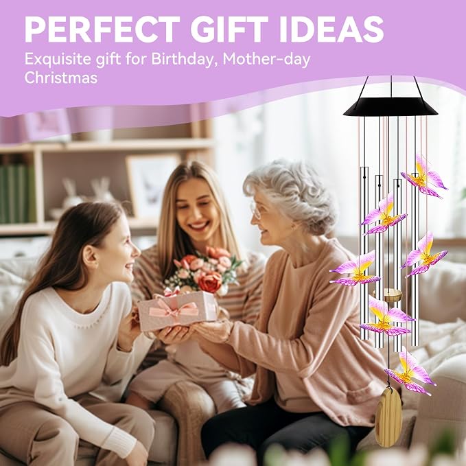 Wind Chimes for Outside, Solar Lights Outdoor Waterproof, Color Changing Butterfly Light for Yard, Outdoor, Patio, Garden Decor, Wind Mobiles Gardening Gifts for Women, Mom, Wife, Purple Butterfly
