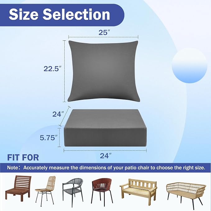 Outdoor Chair Cushions, 24 x 24 Inch Outdoor Cushion for Patio Furniture, Patio Chair Cushion, Waterproof & Fade Resistant Deep Patio Furniture Cushions Set with Handle and Ties, Dark Grey (Set of 4)