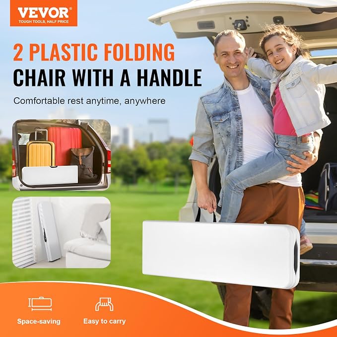 VEVOR Plastic Folding Bench, 6ft Portable Folding Bench, Smooth High Density Polyethylene Waterproof Outdoor Bench, Picnic Camping Table with Handle for Garden Soccer Playtime, White (2 Pack)
