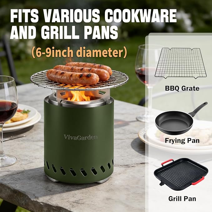 Smokeless Tabletop Fire Pit, VivaGarden Portable Outdoor Fire Pit for Camping, Patio, Backyard, Wood and Pellets Burning Camping Stove with Carry Bag, Forks, Mat and Pot Stand (9.7x7.1 Inch, Green)