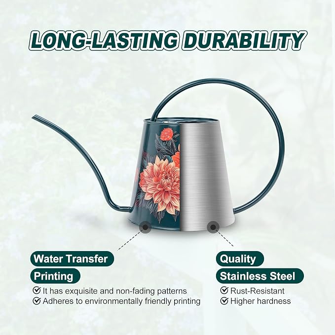 Berry&Bird House Plants Watering Can - Indoor & Outdoor 1/2 Gallon Stainless Steel Water Can with Long Spout Garden Decoration for Flower Bonsai Succulent Gardening Large Watwer Bottle(2L/68oz,Dahlia)