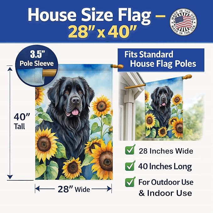 Caroline's Treasures DAC6123CHF Newfoundland in Sunflowers House Flag Large Porch Sleeve Pole Decorative Outside Yard Banner Artwork Wall Hanging, Polyester, House Size, Multicolor