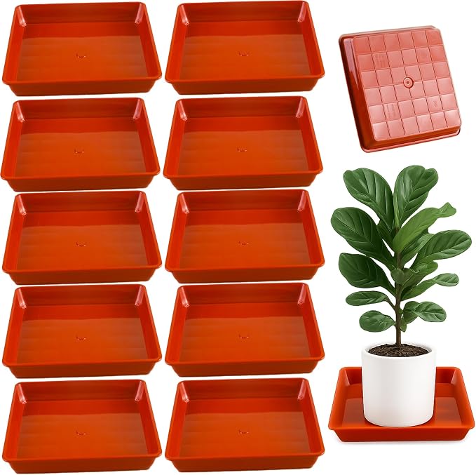 10 Pack Square Plant Saucer 10 Inches Plant Trays for Pots Plastic Square Drip Trays Flower Pot Saucers Black Planter Water Tray Plant Drainage Tray, Brick Red
