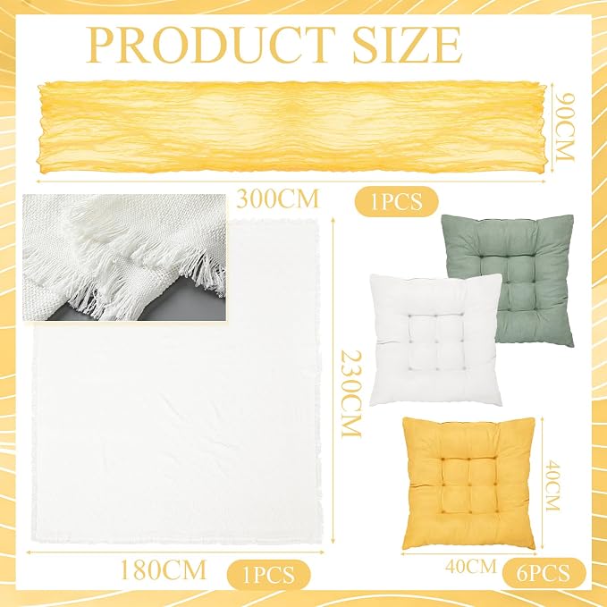 Extra Large Outdoor Picnic Blanket with Table Runner and Floor Pillow Cushion for Picnic Wedding Birthday Baby Shower Backyard Decor(91 x 71'',Light Beige,Yellow,Green,8 Pcs)