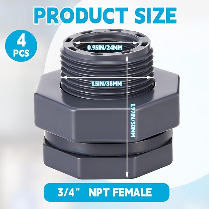 4 Pcs 3/4 Inch Bulkhead Fitting PVC Water Tank Connector Plumbing Pipe Threaded Bulkhead Fitting NPT for Rain Barrels, Water Tanks, Aquariums, Tubs, Pools
