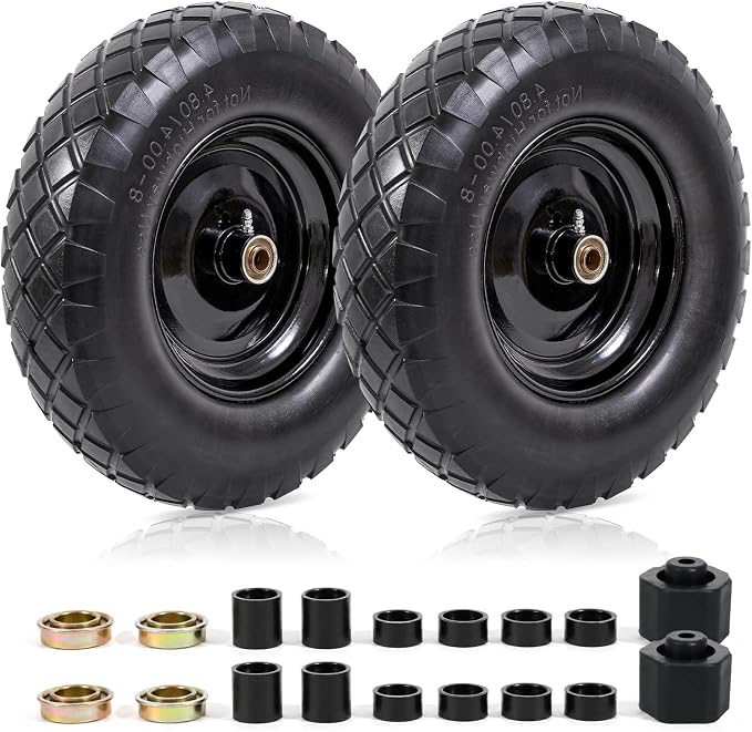 MZREXN 4.80/4.00-8" Flat Free Tire and Wheel, 16" Wheelbarrow Tires | 2 Packs Universal Solid Tires with 5/8" & 3/4" Bearings, 3" Centered Hub for Hand Truck Garden Trailers Utility Cart, Black