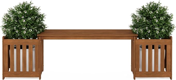 Furinno TIOMAN Planter Box with Bench, Hardwood Flower Box with Seat, Cube Garden Box, in Teak Oil, Outdoor Indoor, Garden, Patio, Balcony, Light Wood