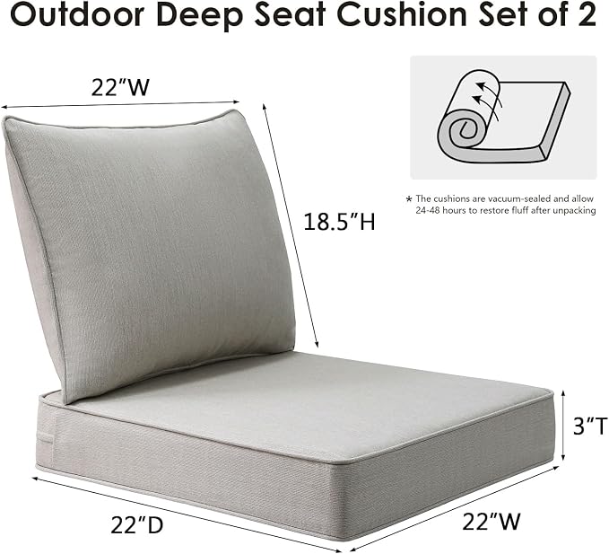 Unimatta Sunbrella Outdoor Chair Cushions Set, 22" x 22", Set of 2, Water-Repellent, Fade Resistant, Deep Seat Bottom and Back Cushion for Backyard, Couch, Sofa and Patio Furniture, Specrtum Pebble