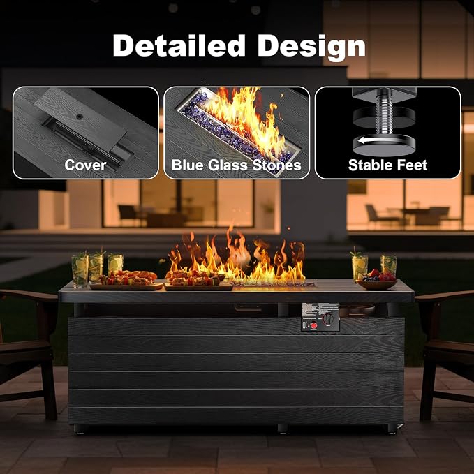 51 Inch Outdoor Propane Fire Pit Table, 50000 BTU Rectangular Propane Fire Pit with Steel Tabletop & Sliding Tank Holder, 4-in-1 Gas FirePit Table with Blue Glass Stones for Patio, Backyard