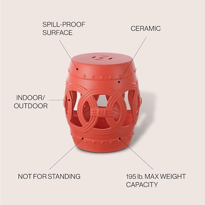 JONATHAN Y Lucky Coins 16" Ceramic Garden Stool, Contemporary Matte Coral Cutout Interlocking Rings Drum Indoor/Outdoor Side Table and Plant Stand for Patio, Garden, Living Room TBL1022G