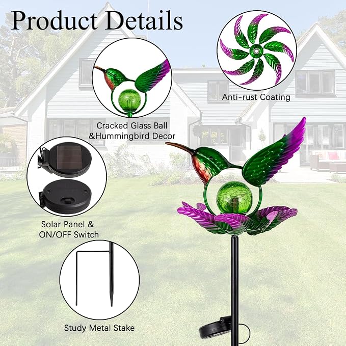 Solar Wind Spinners Outdoor,Green Hummingbird Garden Wind Spinner for Yard Art Lights,Waterproof LED Cracked Glass Ball Pinwheel for Outdoor Yard Lawn Patio Decorations