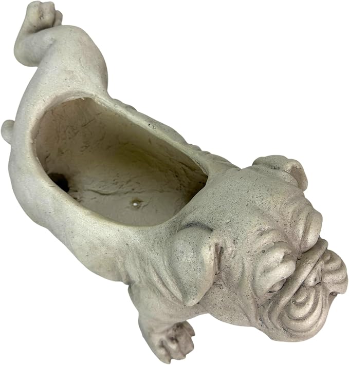 Zeckos Bulldog Planter, Antique Stone Finish Magnesium Oxide Freestanding Dog Planter, 11 Inch Tall Decorative MGO Animal Planter with Drain Hole for Indoor Display and Decor