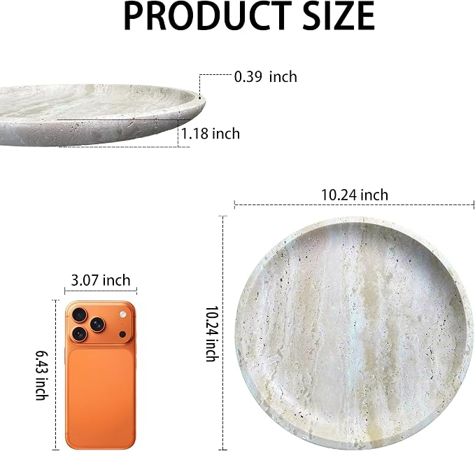 Vanity Tray for Bathroom, Dresser, Counter, Home Decor 10.24” D x 1.18”H Travertine Round Decorative Tray for Candles, Perfumes, Jewelry, Plants Natural Stone Organiser Dish Beige (NS053)