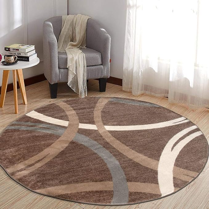 Rugshop Wavy Circles Modern Jute Backing Living Room Round Rug Brown 8' | Round, Bedroom, Dining Room, Home Office, Kitchen, Entryway, Hallway, Nursery, Kids Room, Guest Room, High Traffic Area
