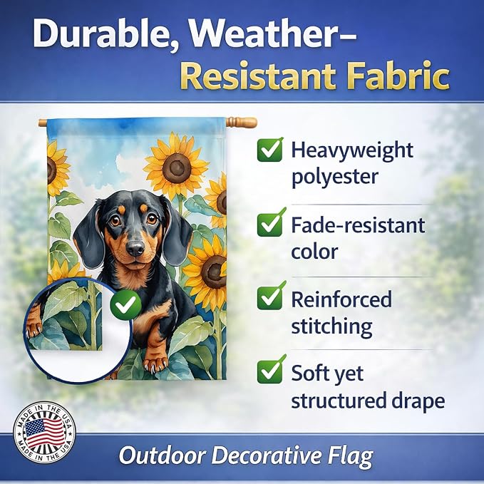 Caroline's Treasures DAC6066CHF Dachshund in Sunflowers House Flag Large Porch Sleeve Pole Decorative Outside Yard Banner Artwork Wall Hanging, Polyester, House Size, Multicolor