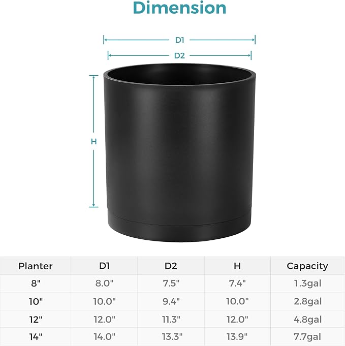 FaithLand 14-Inch Large Modern Cylinder Planter, Thick-Walled Plastic Plant Pot with Drainage Holes and Detachable Saucer, Matte Black, Ideal for Indoor & Outdoor Plants Flowers