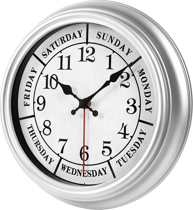 JENLYSTIME 12 Inch Retro Wall Clock,Classic Day of The Week Wall Clock,Silent Non Ticking Battery Operated Movement(Silver)