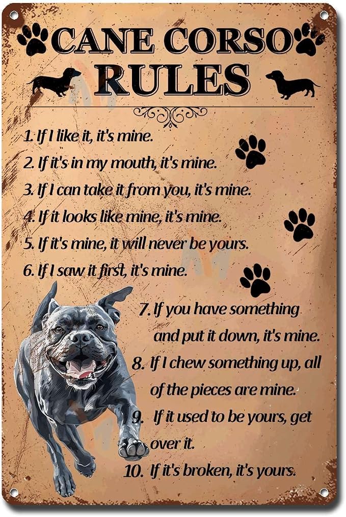 Metal Sign Tin Sign Vintage Wall Art Cano Corso Rules Metal Sign for Restaurant 12×16 Inches