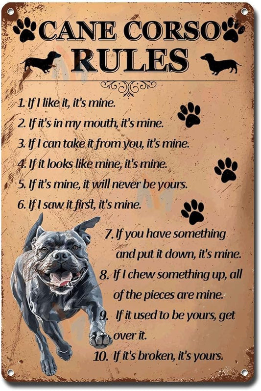 Metal Sign Tin Sign Vintage Wall Art Cano Corso Rules Funny Garden Signs for Club 6×8 Inches