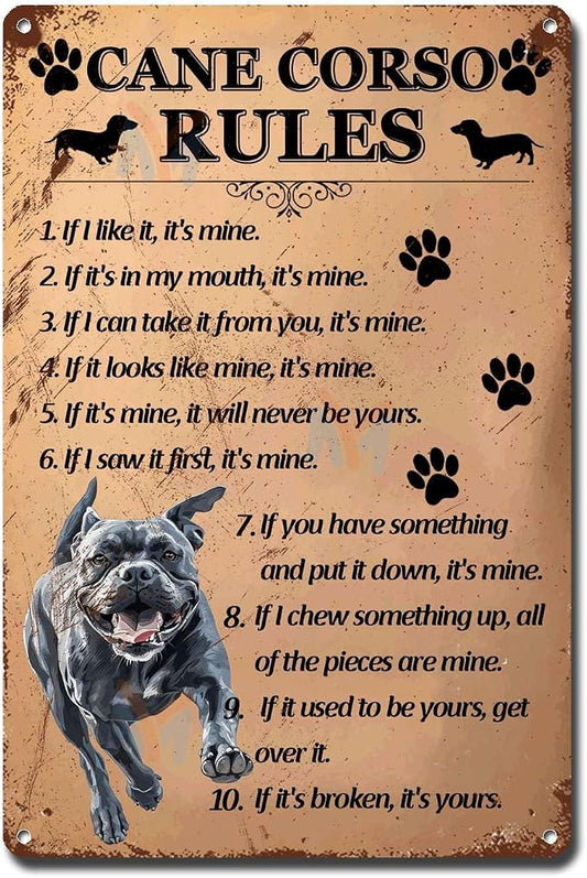 Metal Sign Tin Sign Vintage Wall Art Cano Corso Rules Garden Tin Signs for Restaurant 8×12 Inches