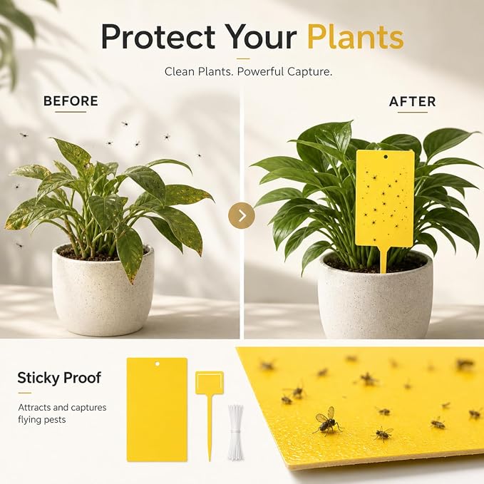 Qualirey 250 Pcs Yellow Sticky Traps for Gnats, 6 x 8 Inch Dual Sided Gnat Traps for Indoor Outdoor Plants, Fungus Gnat Sticky Cards for Fruit Flies Whiteflies Thrips, Twist Ties and Plastic Holders