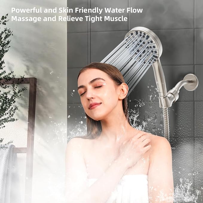 BESAQUO Shower Head, 9 Settings High Pressure shower head with handheld, Built-in Pause Mode & Power Wash, Non-Clogging Nozzles, 6ft Hose,Bracket(Satin Nickel, 9 Settings)