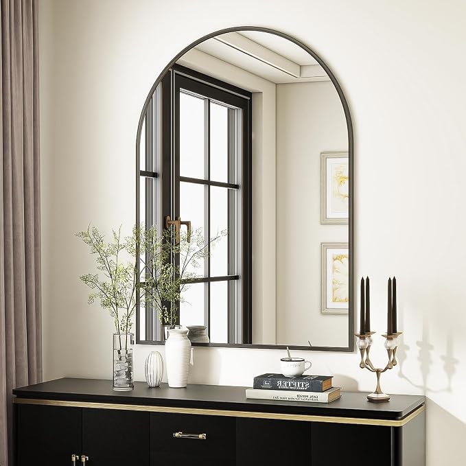 Arched Wall Mirror, 30 x 38 inch Arch Bathroom Mirror Black | Wall Mounted Bathroom Vanity Mirror with Arch Metal Frame, Modern Room Decor for Bedroom, Entryway, Hanging or Leaning