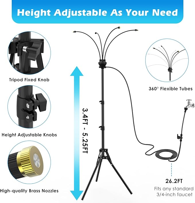 Roylvan Portable Misters for Outside Patio, Standing Misting System for Outdoor, 5.25ft Height Adjustable Stand Mister with 4 Nozzles, Tanning Mister Water Mist Hose Kit for Backyard Garden Pool Patio