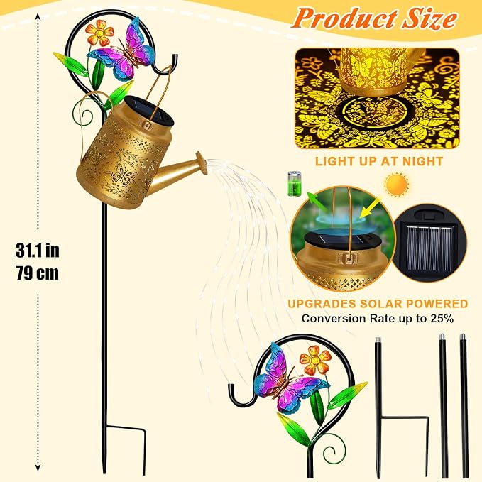 Solar Garden Decor Watering Can Lights Outdoor Waterproof, Butterfly Hanging Lantern with Shepherd Hook, Waterproof Garden Lights for Outdoor Landscape Pathway Yard, Gifts for Mom Grandma Mothers Day