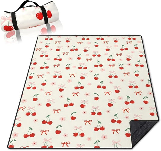 Cherry Picnic Blankets Waterproof Foldable,60’‘x80'' Portable Dual Layers Outdoor Travel Camping Backpacking Hiking Beach Blanket Mat for Grass Padded Lawn Park Beach,Cherry Picnic Accessories