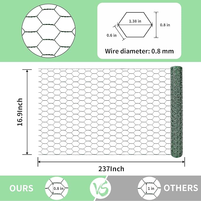 Chicken Wire 16.9 in x 237 in Poultry Wire Netting Hexagonal Galvanized Mesh Garden Fence Barrier for Pet Rabbit Chicken Fencing with 100 Pcs Cable Zip Ties(PVC-Coated)
