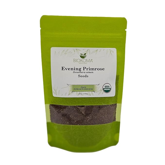 Biokoma Organic Evening Primrose Seeds 100g 3.55oz USDA Organic Oenothera Biennis GLA Omega-3 Hormonal Balance Skin Health Resealable Moisture Proof Pouch Herbal Tea No GMO No Preservatives Kosher