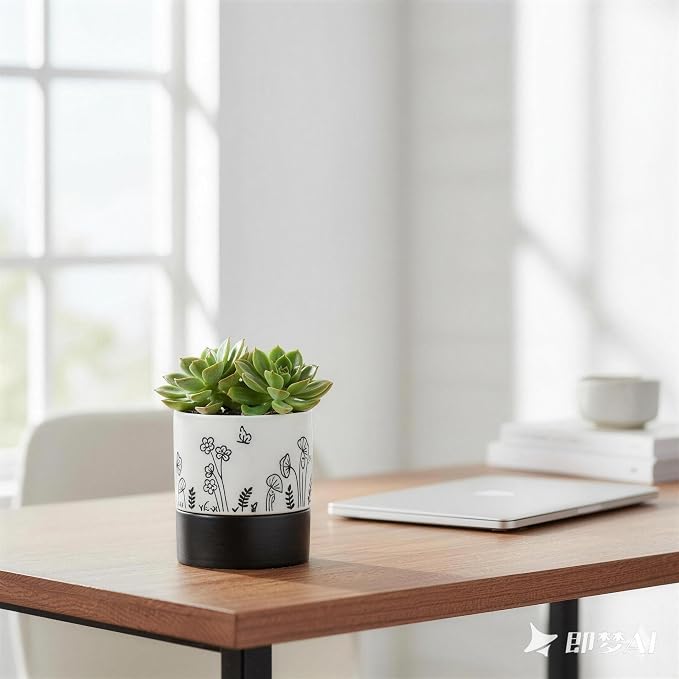 Nihow Self Watering Pots for Indoor Plants,4.5 Inch,White,Hand Painting | Ceramic Planter, Drainage Hole & Water Storage Plus, Cylinder Round Flower Pot, For Succulent/Herbs/Violets