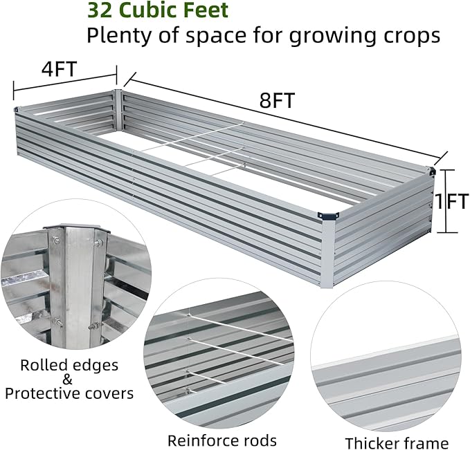 Meberam 2 Pack 8x4x1FT Galvanized Raised Garden Beds Kit Outdoor Metal Gardening Planter Box for Vegetable Elevated Flower Herbs,Silver