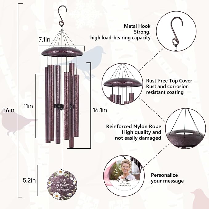 ASTARIN Personalized Deep Tone Wind Chime Memorial, Customized Sympathy Wind Chimes, Memory Wind Chimes for Loved Ones Lost, Bereavement Gifts Windchimes Outdoor, Produced in Texas