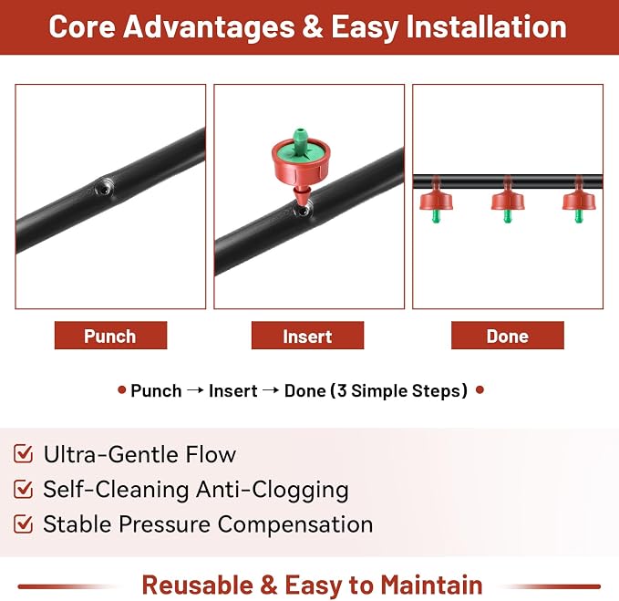 50 PCS 0.25 GPH Pressure Compensating Drip Irrigation Spot Watering Drippers/Emitters, Anti-Clog Self-Cleaning Drip Irrigation Emitters Heads Irrigation Drippers Parts for Seedlings, Mini Gardens