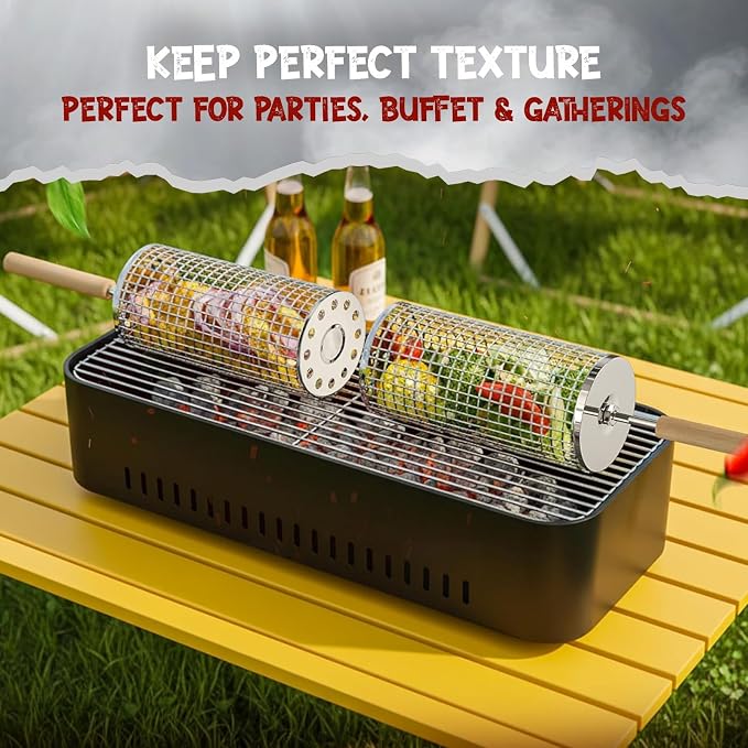 Rolling Grill Basket for Veggies (2 PCS) | 304 Stainless Steel Grill Baskets for Outdoor Grill with Removable Wooden Handle | BBQ Baskets for Grilling | Vegetable Grill Basket | Fathers Day Gifts