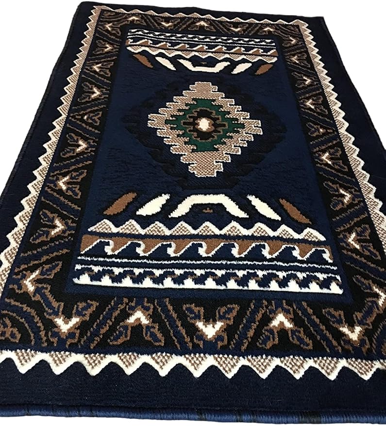 YHSF South West Native American Area Rug D143 - Easy Clean, Thick, Soft, Durable Tribal Indian Inspired Kingdom Design Runner Rug for Bedroom/Living Room & More - Navy Blue, 2 Feet x 3 Feet 4 Inches | Easy-Clean, Soft & Durable Tribal Rug for Living Ro...