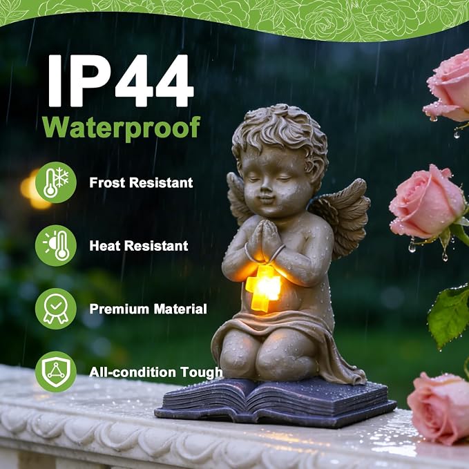 Solar Cherub Statue for Outside - Angel with Glowing LED Cross Light | Guardian Angel for Cemetery, Yard, Pathway, Lawn Decor, Memorial Gardens Gifts