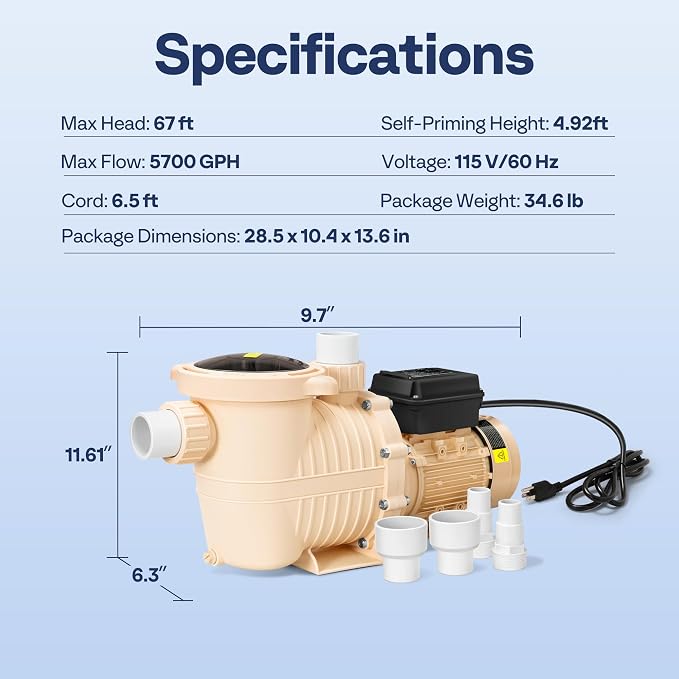 VIVOHOME 2.0HP 115V Variable Speed Pool Pump, Self-Priming Energy Saving, 1.5" & 2" Inlet w/Strainer Basket for in/Above Ground Pools