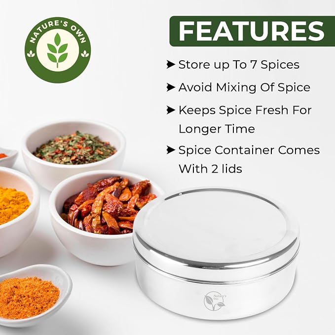 Nature's Own Stainless Steel Spice Box with 7 Compartments, 2 Lids, and Silver Mirror Polish | Masala Dabba with Individual Containers for Authentic Spices Durable and Stylish 16CM Masala Organizer