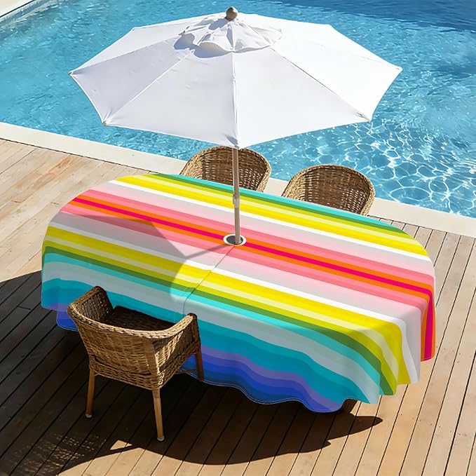 Mexico Strip Oval Outdoor Tablecloth with Umbrella Hole 54" x 72" Waterproof Zipper Table Cloth for Patio Table - Ideal Tablecloths for Picnics, Camping, and Yard Use