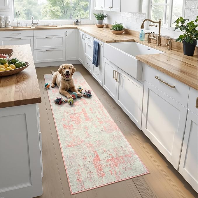 Toneed Washable 2x6 Non-Slip Runner Rug for Hallway Kitchen, Pink Grey | Abstract Soft Modern Low Pile Area Rugs for Bedroom Laundry Living room,Indoor Carpet for Bedside Home Decor