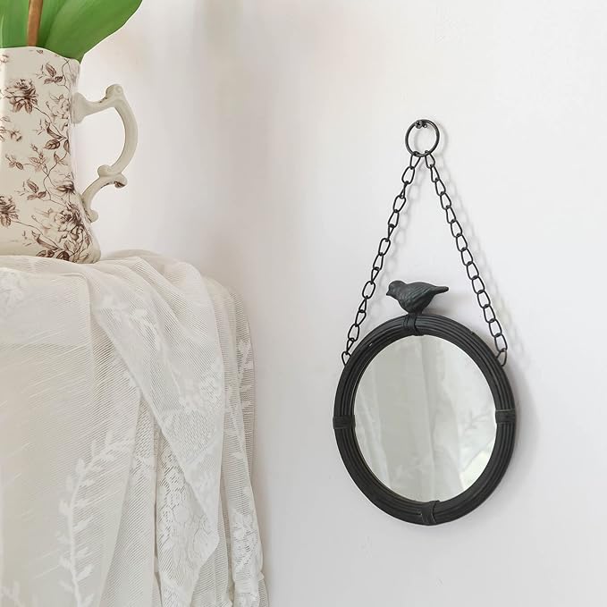 NIKKY HOME Shabby Chic Small Wall Mirrors Decor Decorative Metal Framed Hanging Round Mirror Vintage Rustic with Sparrow for Bathroom Living Room Office, Antiqued Black