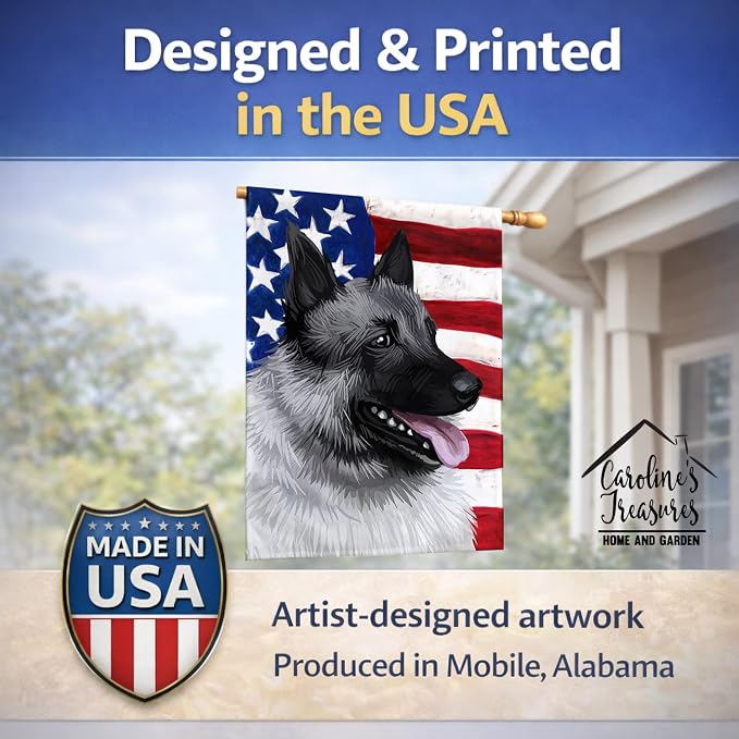 Caroline's Treasures CK6631CHF Norwegian Elkhound Dog American Flag House Flag Large Porch Sleeve Pole Decorative Outside Yard Banner Artwork Wall Hanging, Polyester, House Size, Multicolor