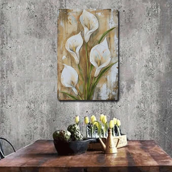 Metal Sign Tin Sign Vintage Wall Art Serene Peace Lily Tin Sign for Vintage Wall Decor Shabby Chic Style and Distressed Wood Panels Bathroom Decor for Club 12×16 Inches