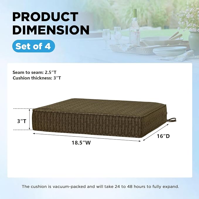 18.5 x 16 Inch Sunbrella Outdoor Chair Cushions with Tie Straps, Set of 4 Thick Water Repellent Rectangle Patio Chair Pads for Garden Lawn Patio Furniture, Dash Walnut