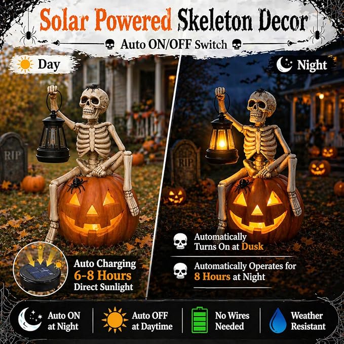 Halloween Outdoor Decorations Solar Lighted Skeleton Pumpkin Statue with Lantern 9.3 Inch Resin Jack O Lantern Yard Decor Halloween Skeleton Decoration for Porch Patio Garden Lawn