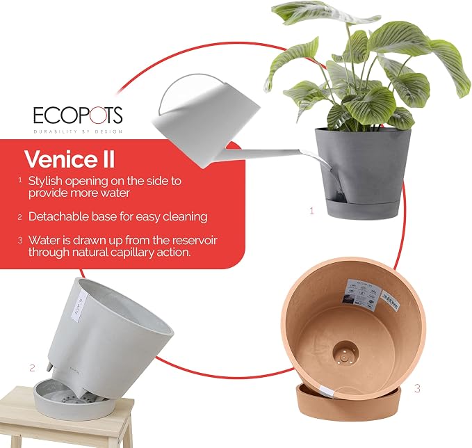Ecopots Venice 2 Durable Modern Round Indoor/Outdoor Recycled-Based Composite Flower Pot Planter w/Water Reservoir, White Grey, 8"